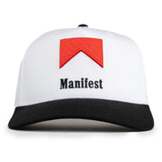 A white baseball cap with a red geometric pattern and the word 'Manifest' written across the front.